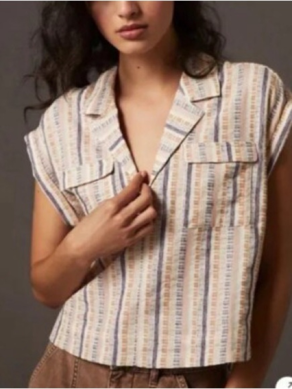 Anthropologie Striped Camp-Collar Short Sleeve Top in Cream, Blue, Tan